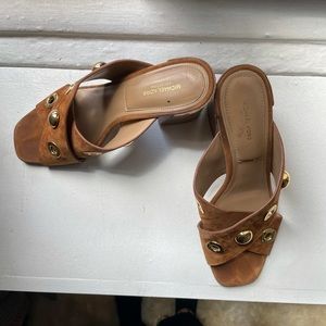 Camel Colored Suede Studded Mule heels
